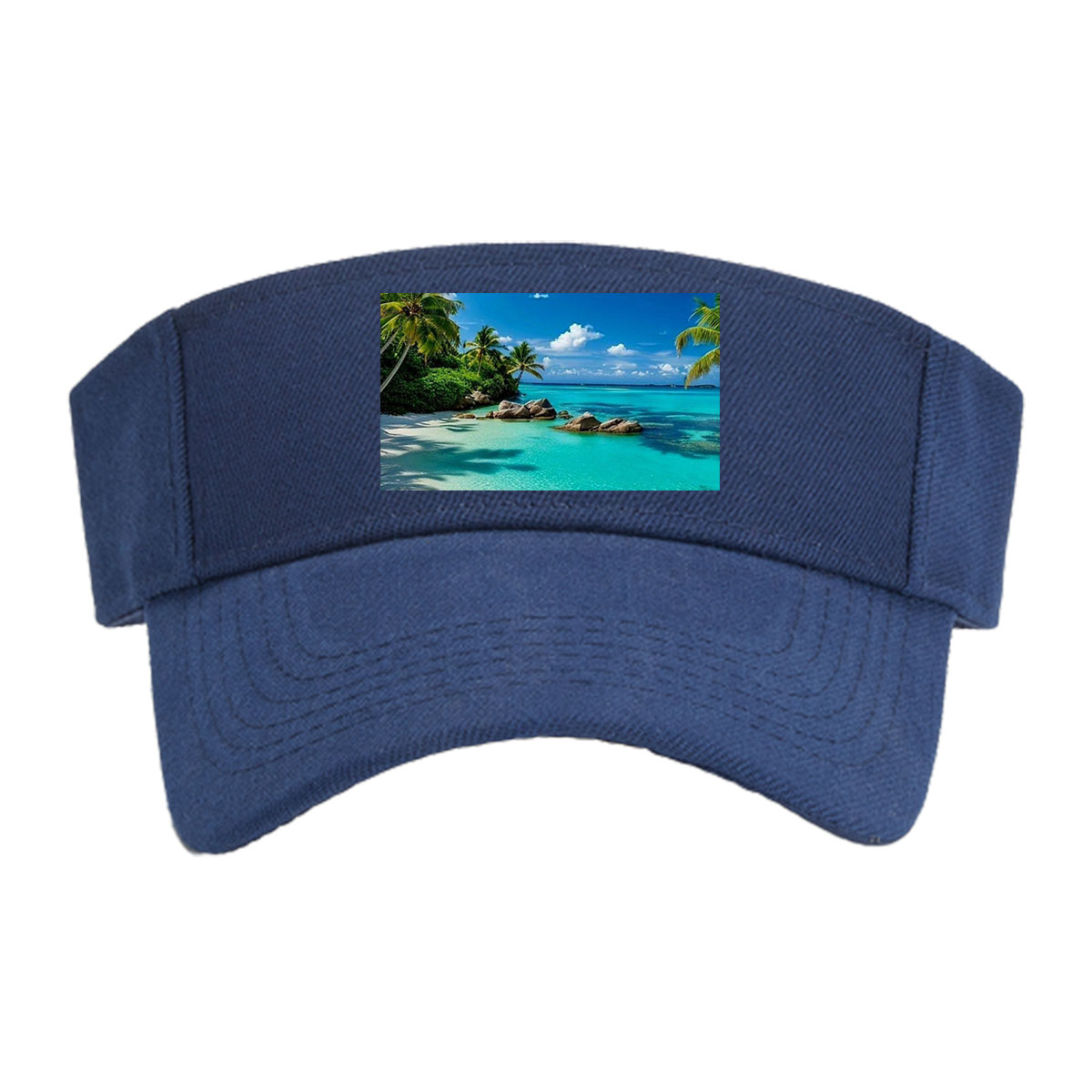 Couple relaxing on a tropical beach with turquoise waters and palm trees -  Visor cap