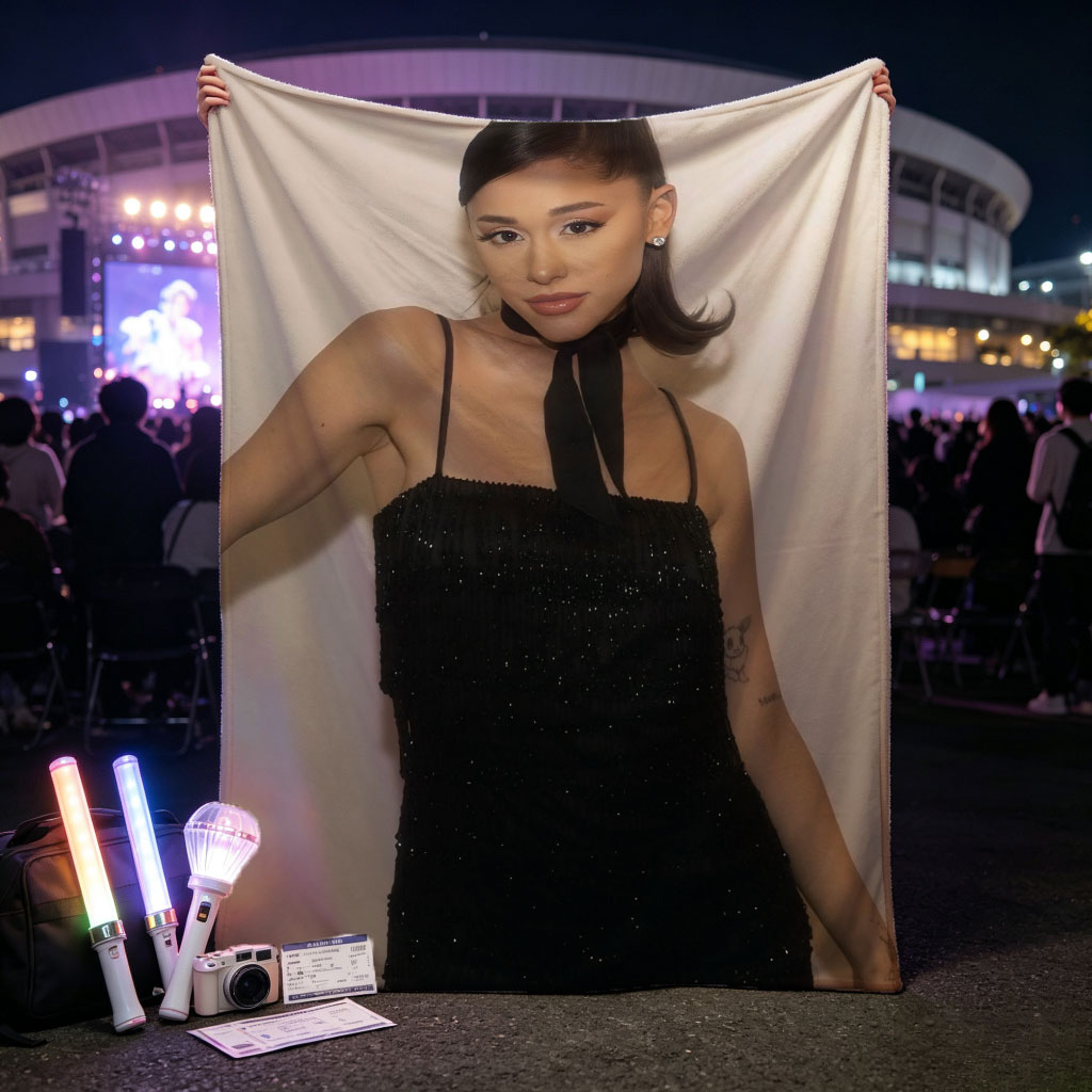 Ariana Grande in a Black Sparkle Dress with High Ponytail and Elegant Makeup - Blankets