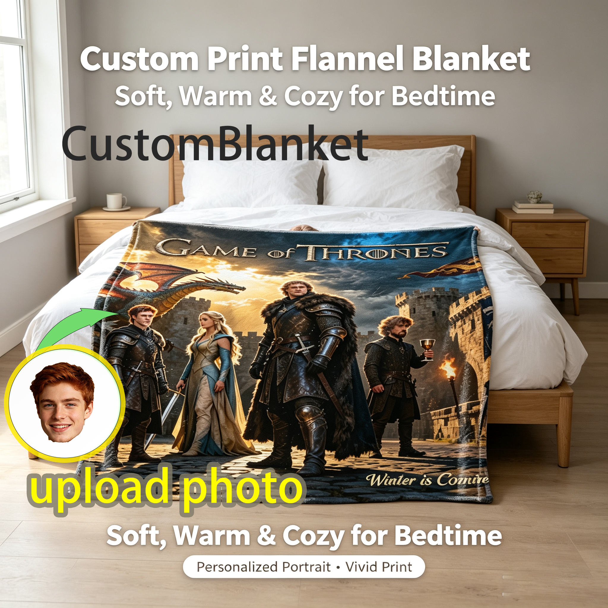 Custom Face Blanket Game of Thrones Flannel Blanket for Couch or Bed – Perfect Gift for Fans and Collectors