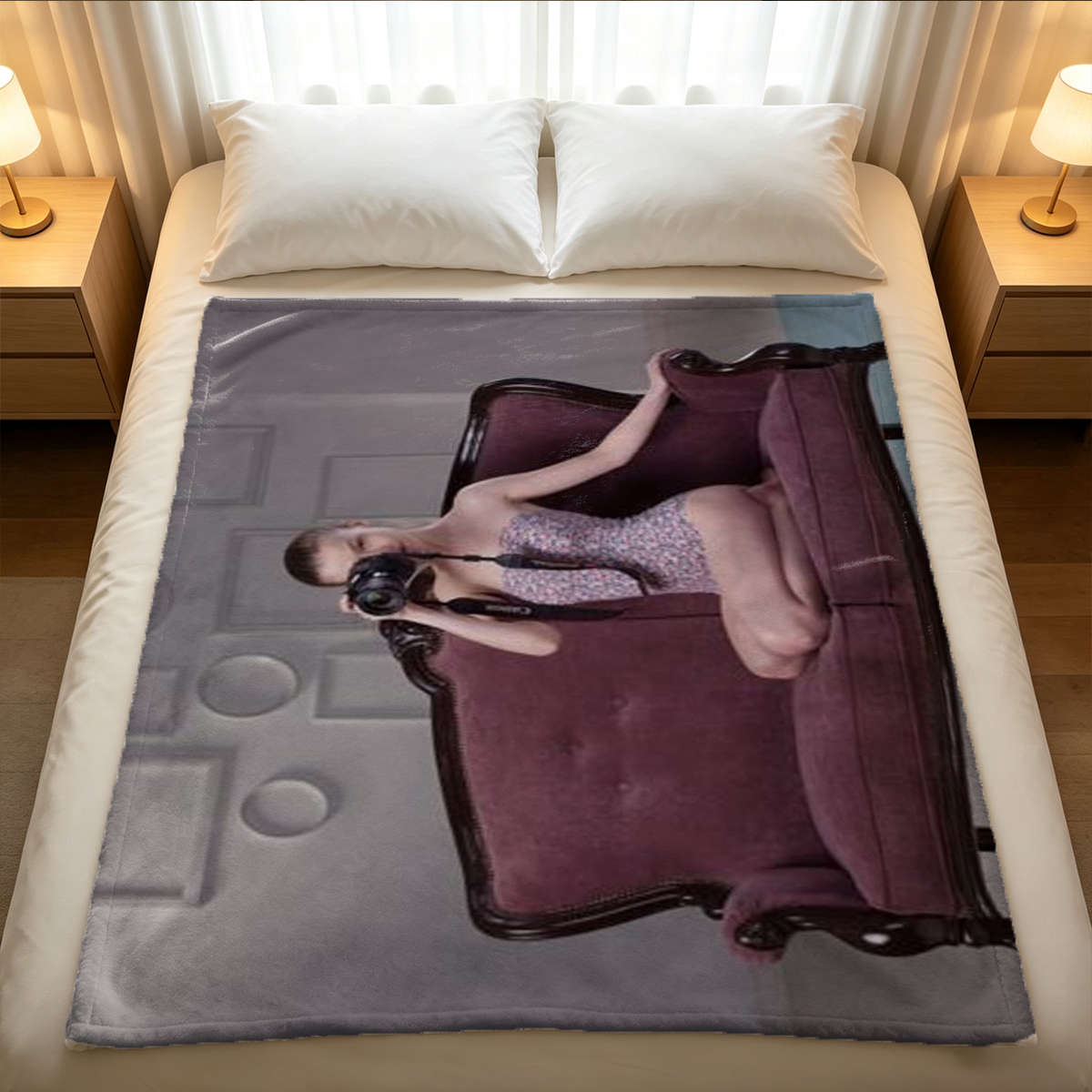 Scarlett Johansson in black bodysuit and sheer robe posing on satin bed - Blanket