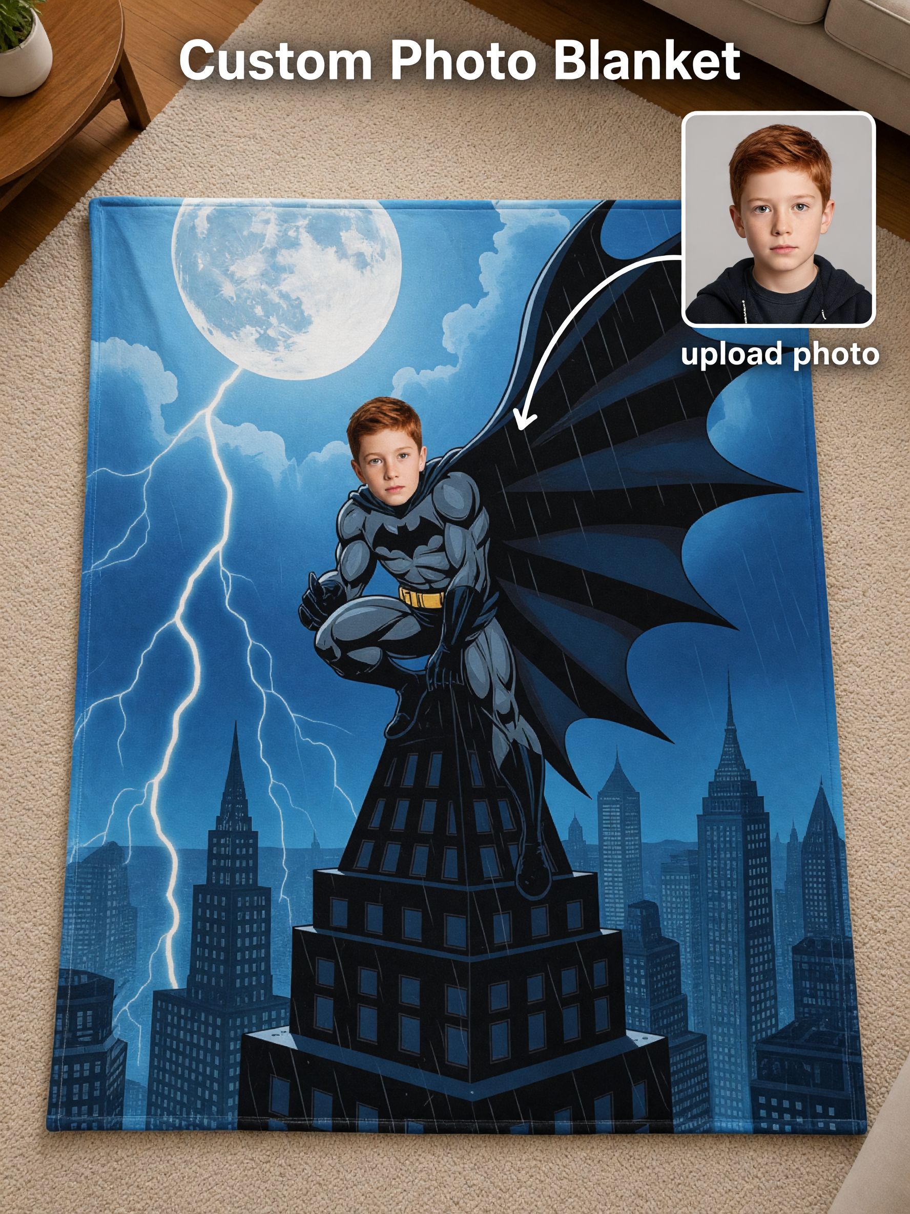 Custom Superhero Face Blanket Personalized Photo Flannel Throw Soft Fleece Bedspread for Kids and Adults Unique Gift