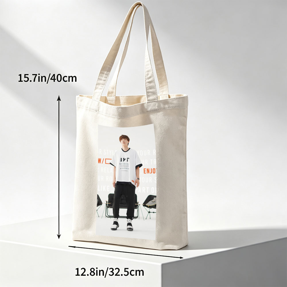 Jinwoo Park in Fashion Show - Wearing White Graphic Tee and Black Cargo Pants with Sneakers - Canvas tote bags