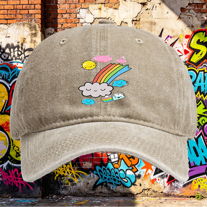 Unisex Classic Washed Cotton Hat with Rainbow Clouds and Sparkle Sun Print - Perfect for Outdoor Activities, Casual Wear, and Festival Outfits - Ideal for Teenagers and Young Adults Seeking Fun, Trendy Headwear