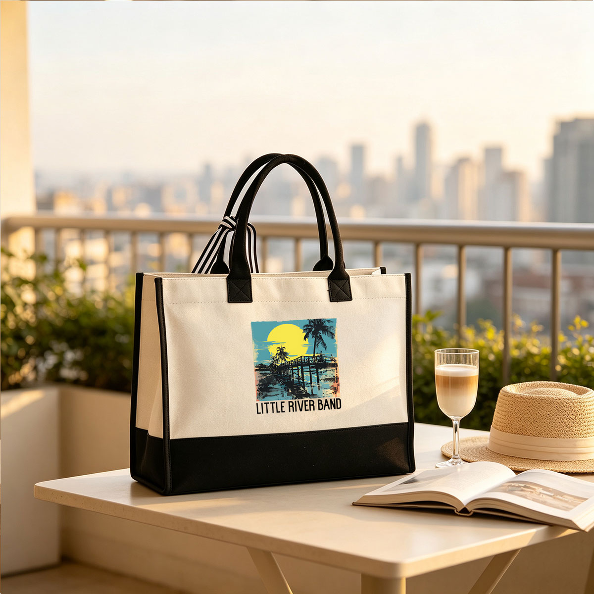 Little River Band - Tropical Sunset Dock Scene - Canvas patchwork gift tote bag