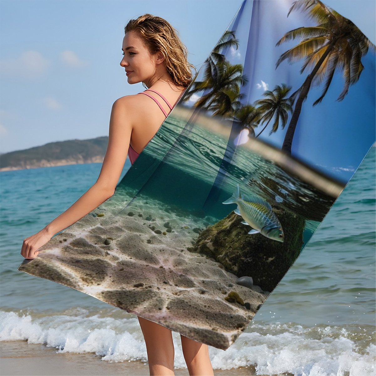 Tropical paradise with palm trees and a fish swimming underwater - Beach towels
