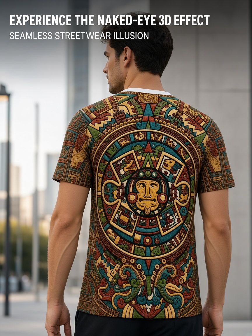 Aztec Sun Stone 3D Optical Illusion Graphic Tee Breathable Athletic Mesh T-Shirt for Casual and Sports Wear
