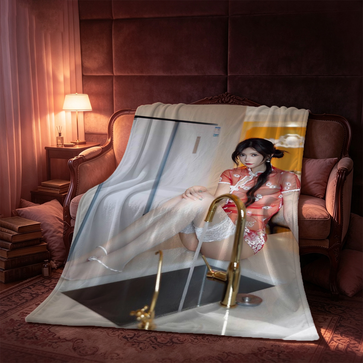 A young Asian woman in a black off-shoulder mini dress and white thigh garter, kneeling on a pillow by a large window. - Blanket
