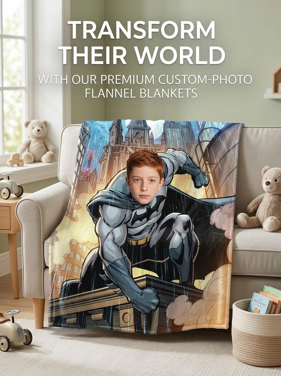 Personalized Superhero Photo Face Blanket Ultra Soft Flannel Fleece Throw Custom Novelty Gift for Kids and Family