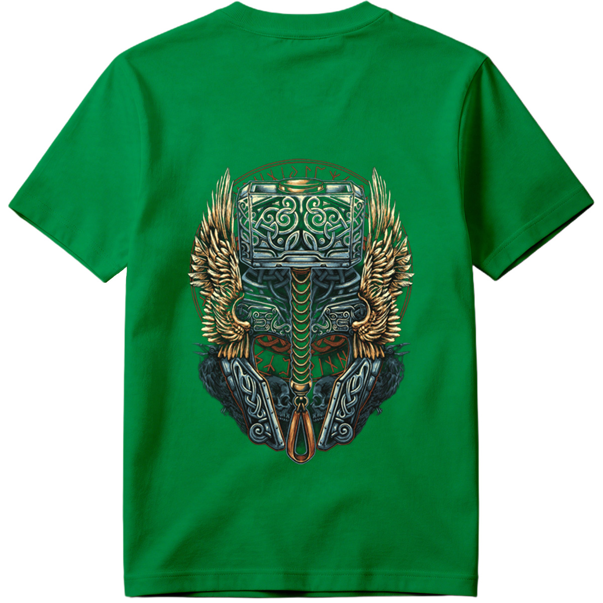 Thor's Hammer Mjolnir with Norse Symbols and Wings - Tee