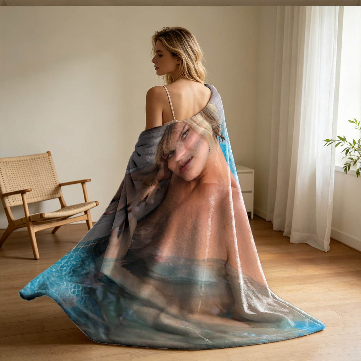 A woman with glasses in green lace lingerie sitting on a chair. - Blanket