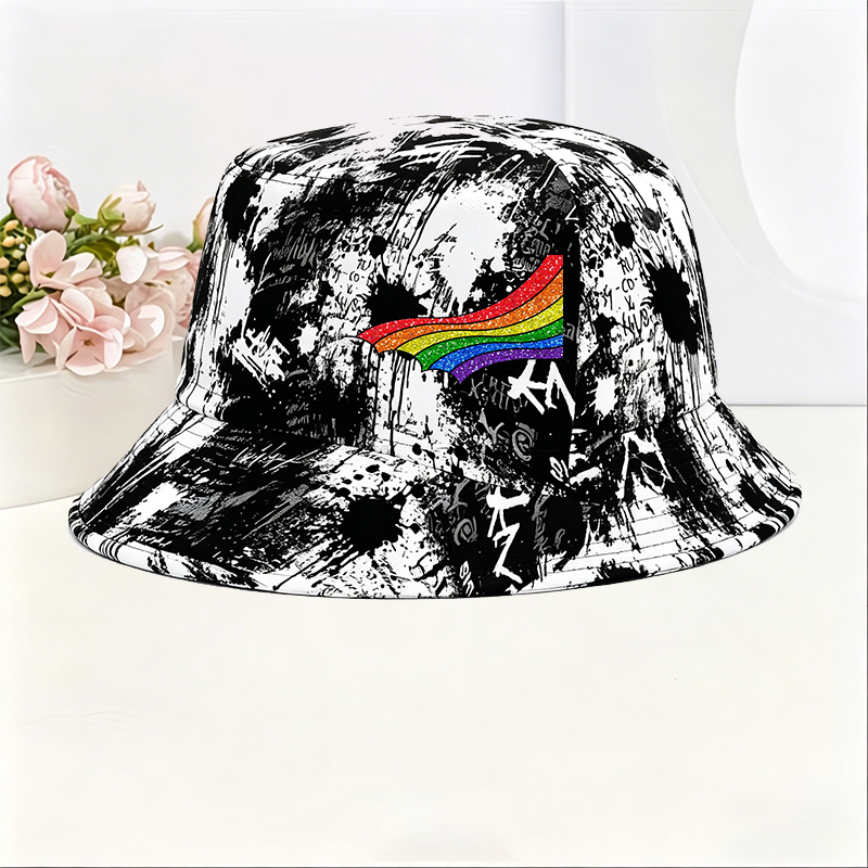 Unisex Classic Graffiti Bucket Hat with Glitter Rainbow Print for Outdoor Activities, Streetwear Fashion, and Pride Events – Perfect for Adults Seeking Bold Style and Comfortable Sun Protection