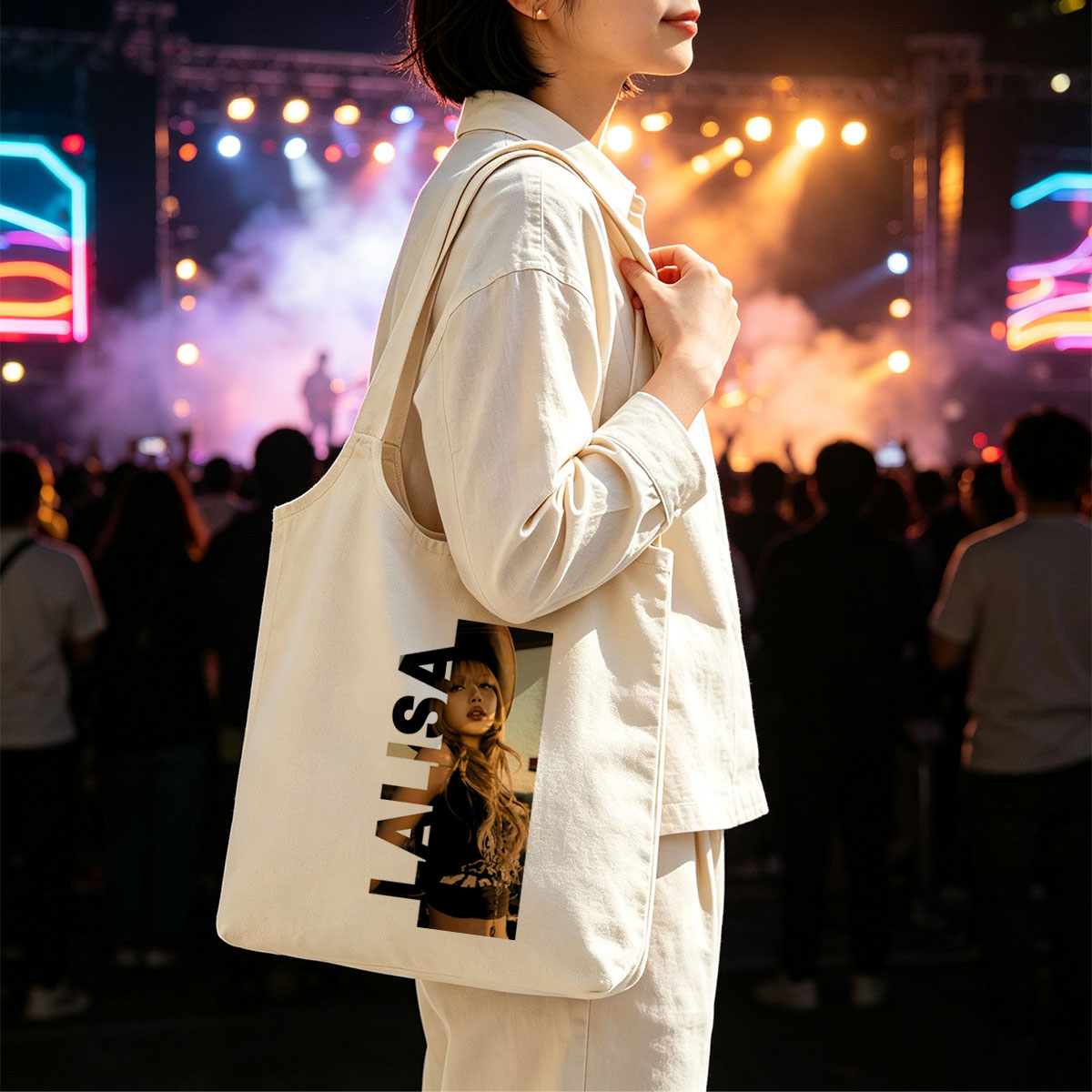 Lisa in a stylish hat and black outfit with bold text overlay - Canvas shoulder bags/