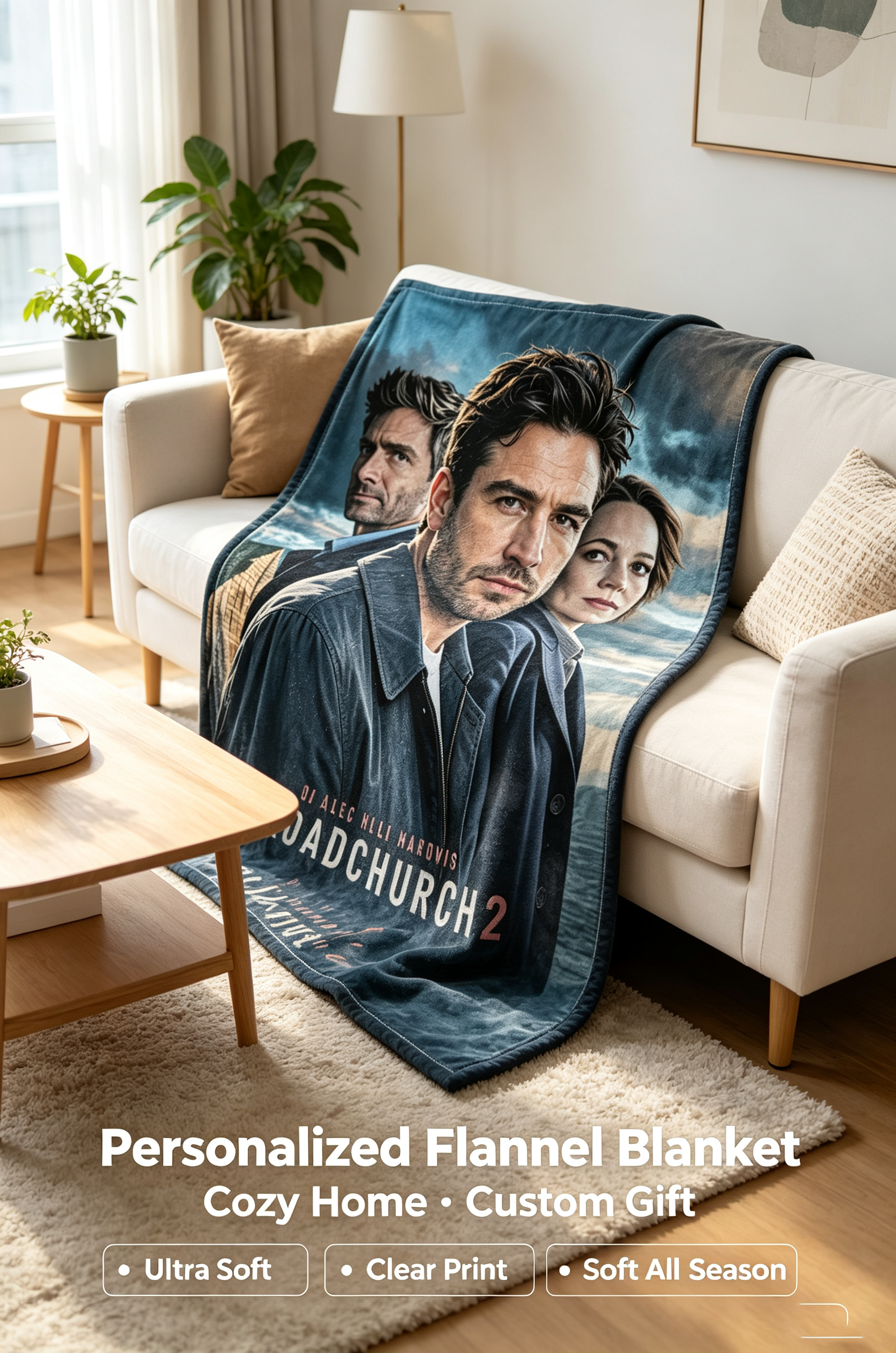 Custom Face Blanket Broadchurch 2 Flannel Blanket for Cozy Nights at Home or Office – Perfect Gift for Fans of DI Alec Hardy and Ellie Miller TV Series Drama Lovers