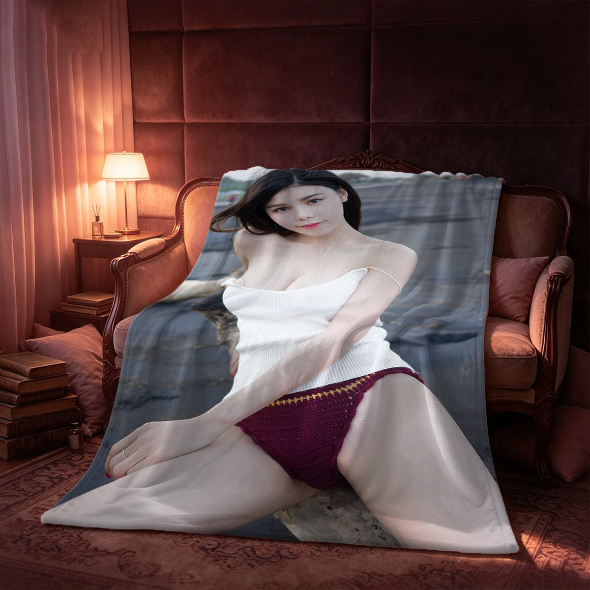 Blonde in Black Lingerie and Blindfold on Bed - Blanket