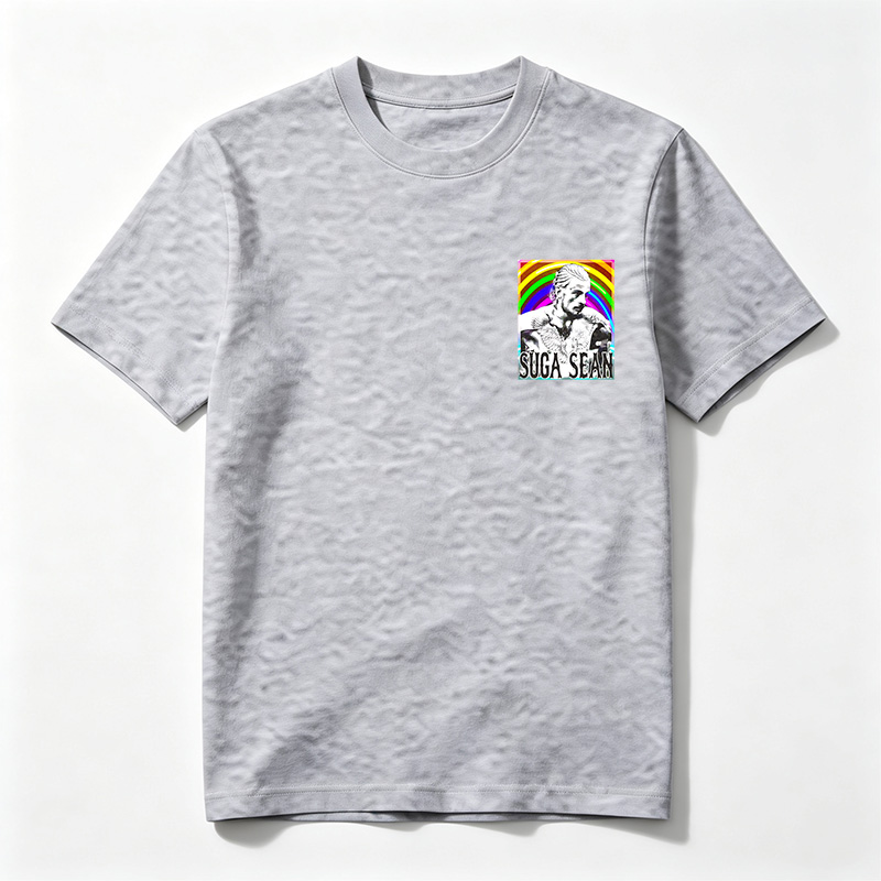 Suga Sean: Tattooed Man with Wings Against Rainbow Background - Tee