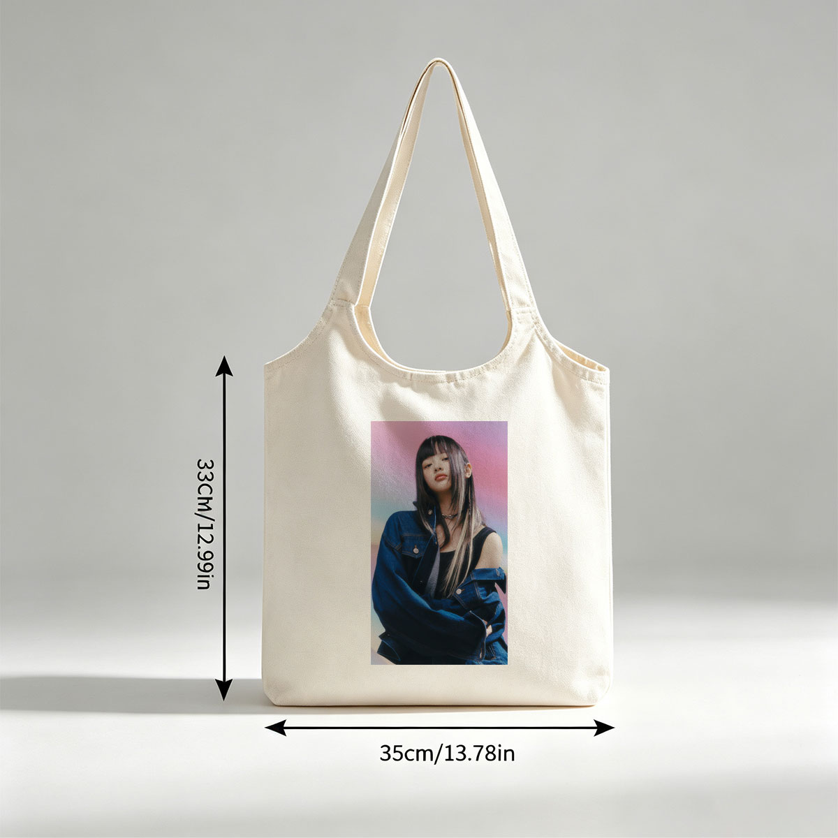 Hanni from NewJeans in a Stylish Denim Look Against a Vibrant Gradient Background - Canvas shoulder bags/