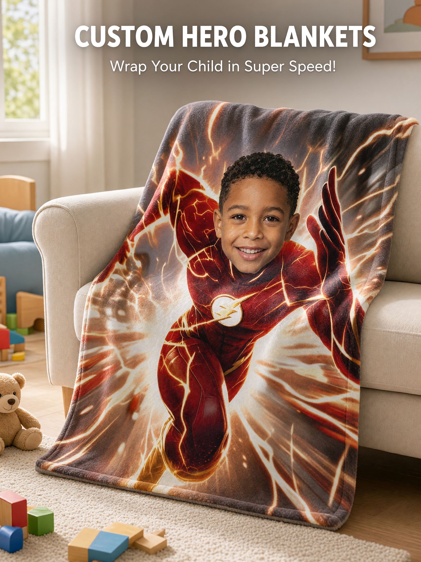 Personalized Photo Superhero Blanket Custom Face Soft Flannel Throw Lightweight Cozy Bedding for Kids and Adults
