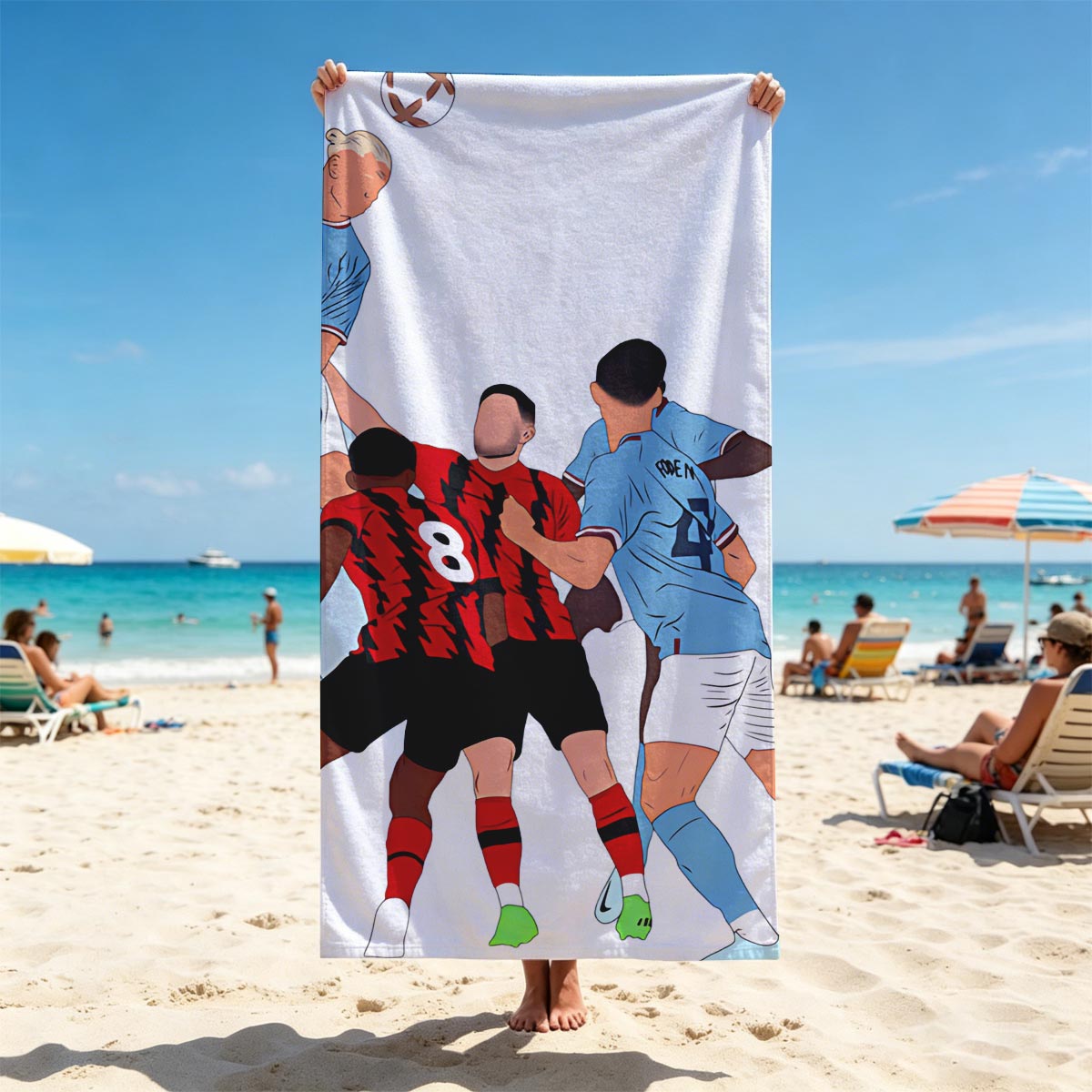 Soccer Players in Action: Blue vs Red Team Duel for Header - Beach towels