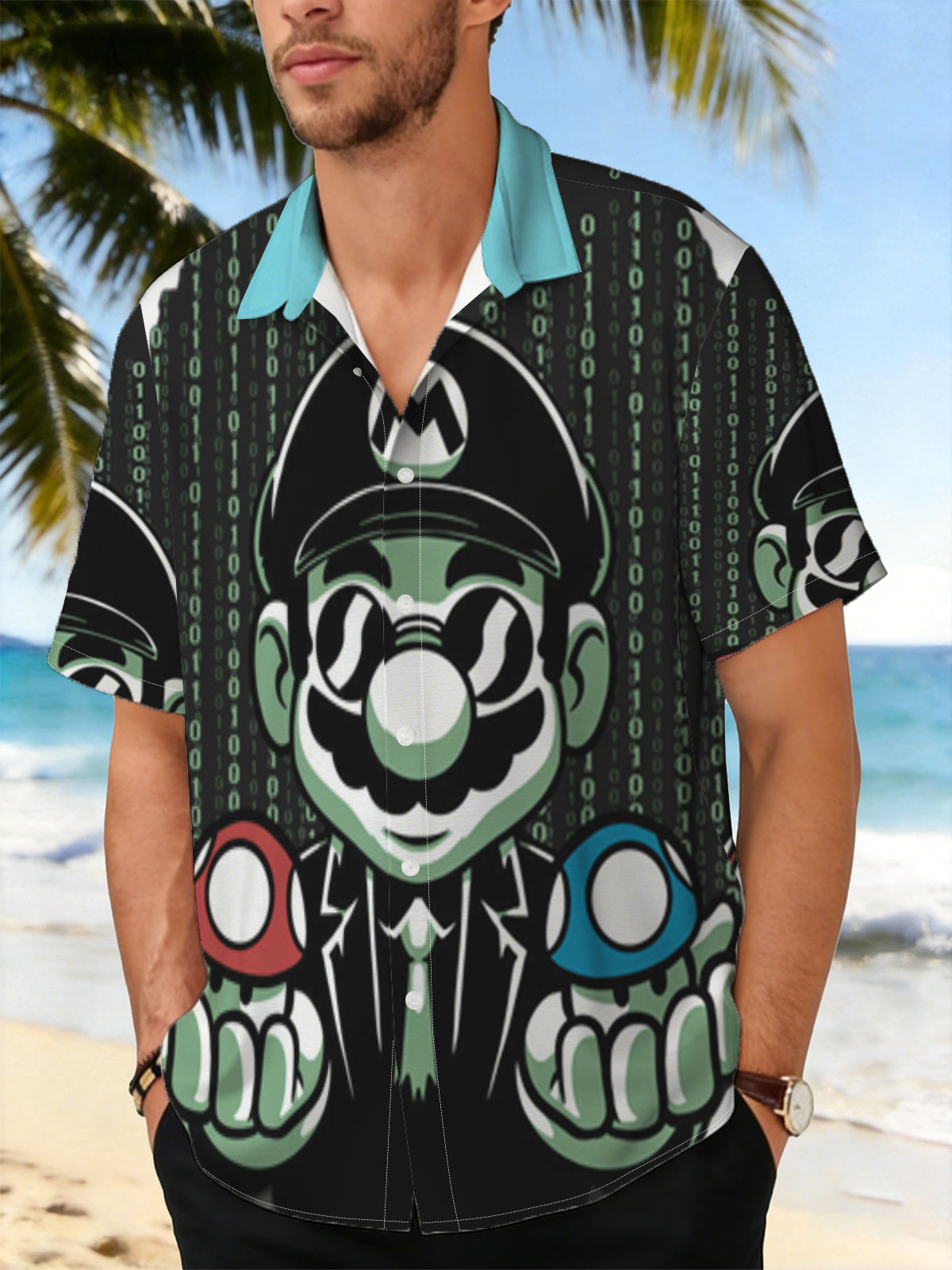 Mario in Matrix Code with Red and Blue Mushrooms -  Shirt