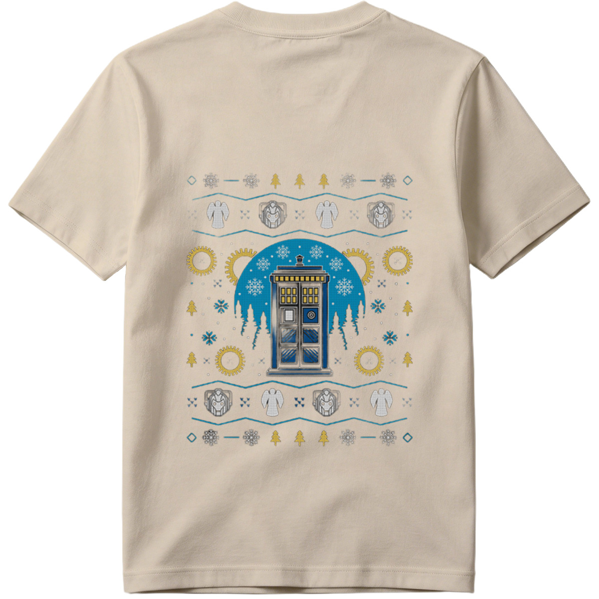 Doctor Who Christmas Sweater Design Featuring TARDIS, Weeping Angels, and Cybermen - Tee