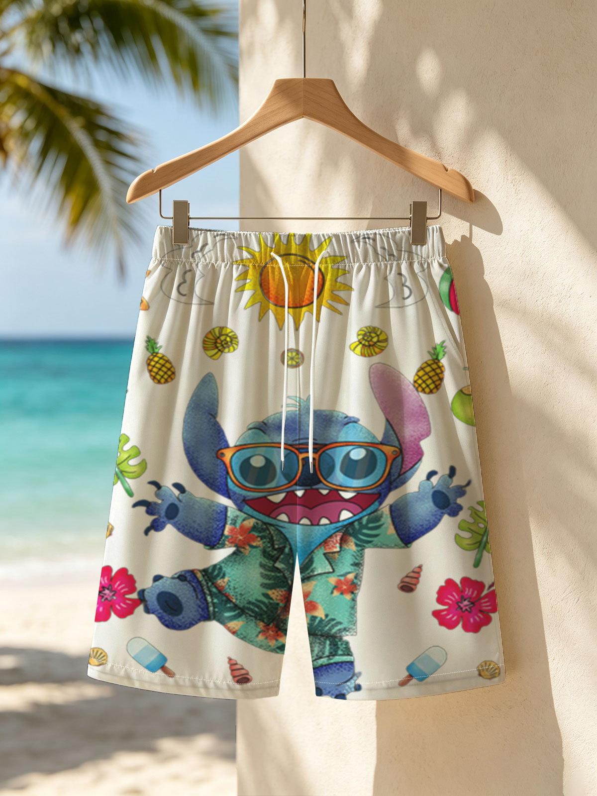 Stitch in Tropical Paradise with Sunglasses and Hawaiian Shirt -  Beach shorts