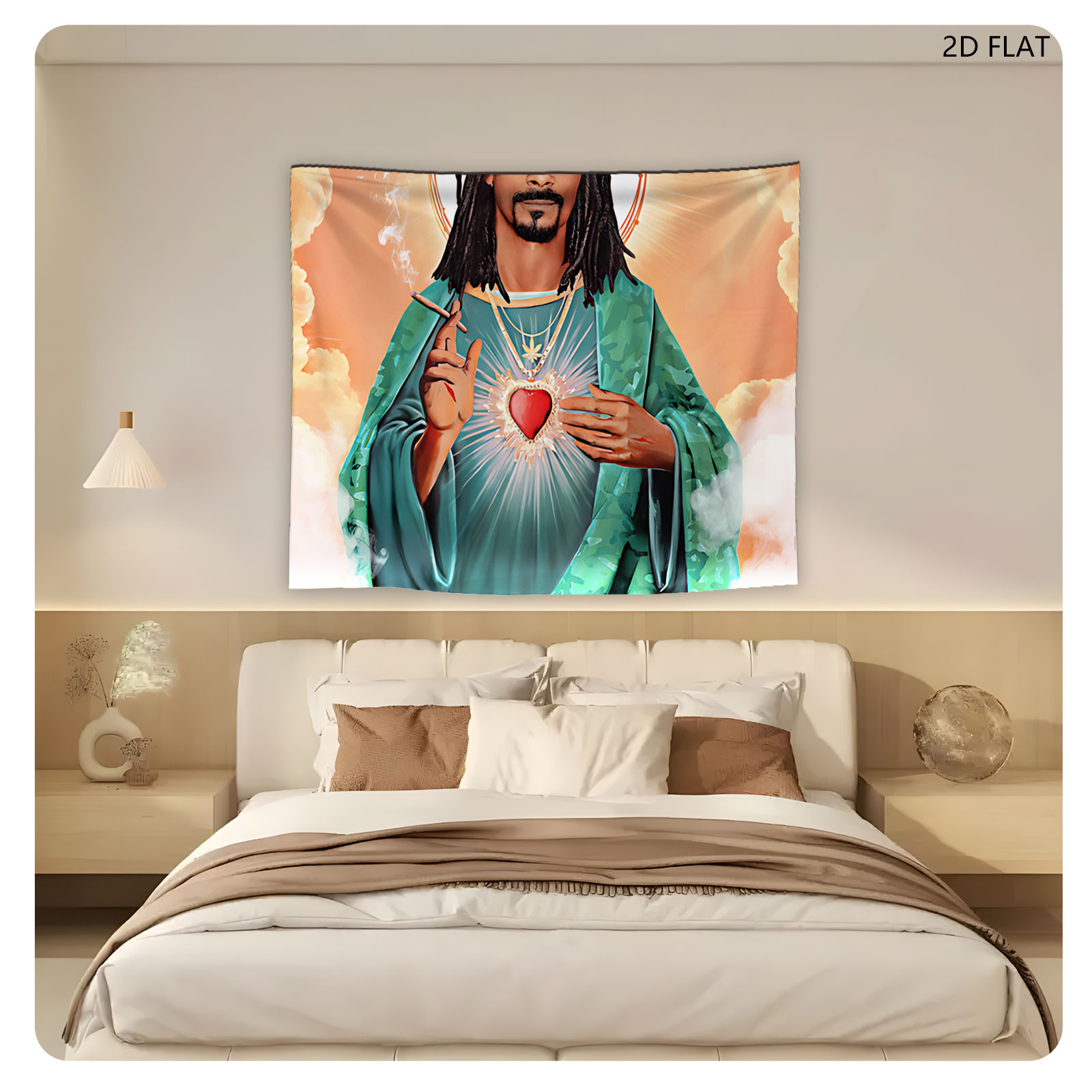 Snoop Dogg as Sacred Heart Saint, Holding Cigarette with Divine Halo and Radiant Heart - Tapestry