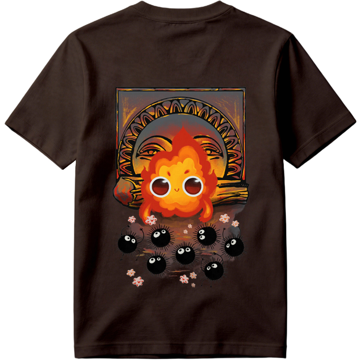 Cute Flame Character with Black Spiky Creatures and Ancient Mask Background - Tee
