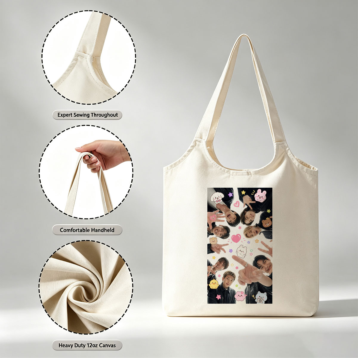 BTS Members in a Circle with Cute Stickers and Peace Signs - Canvas shoulder bags/