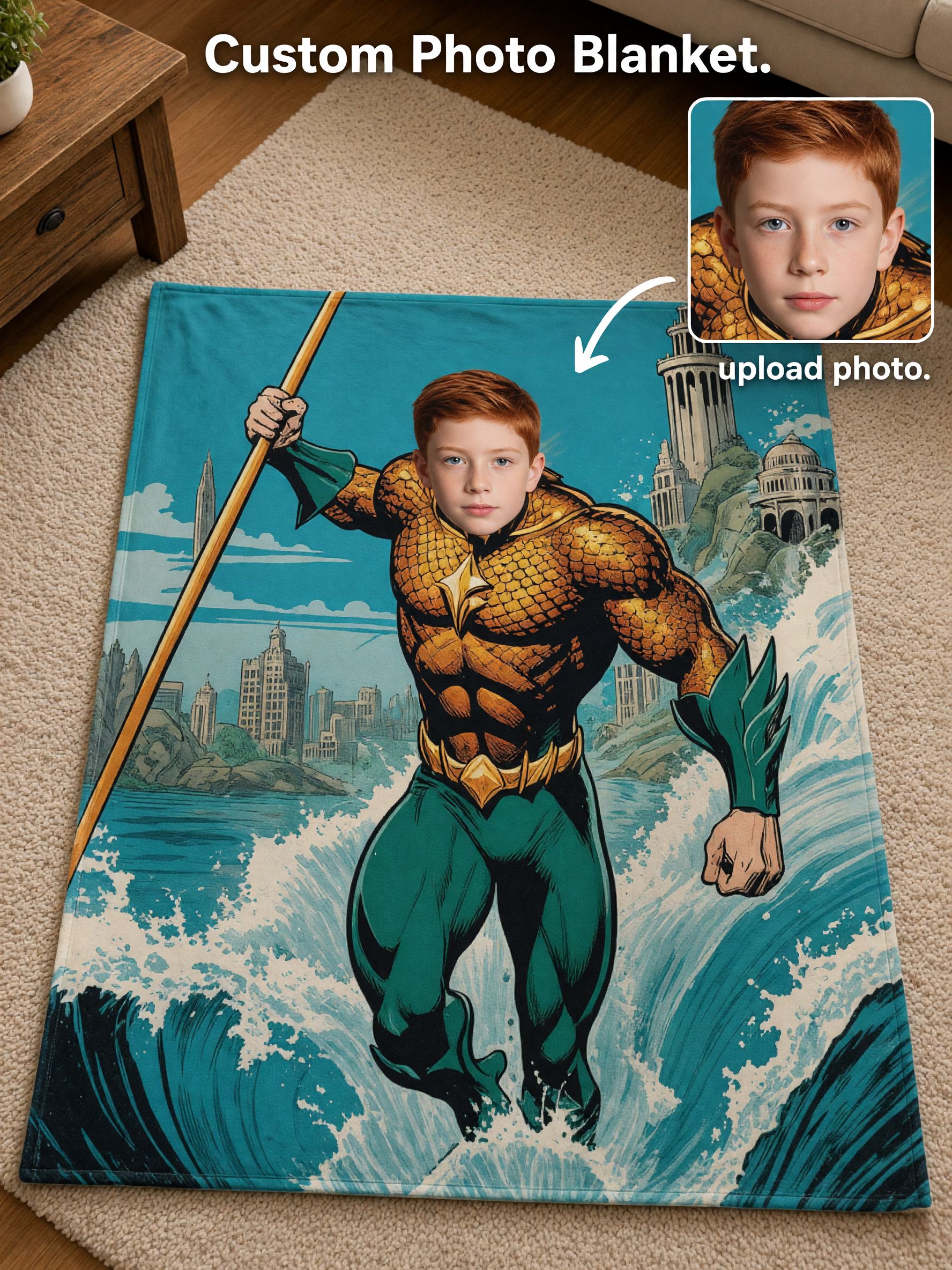 Custom Face Photo Superhero Blanket Personalized Comic Flannel Fleece Throw Ideal Gift for Kids Couch Bed Travel
