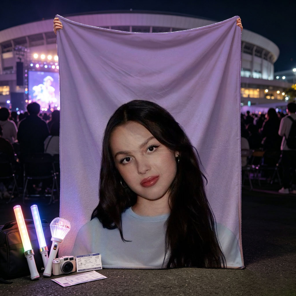Olivia Rodrigo in a Soft Blue Top Against a Purple Gradient Background - Blankets