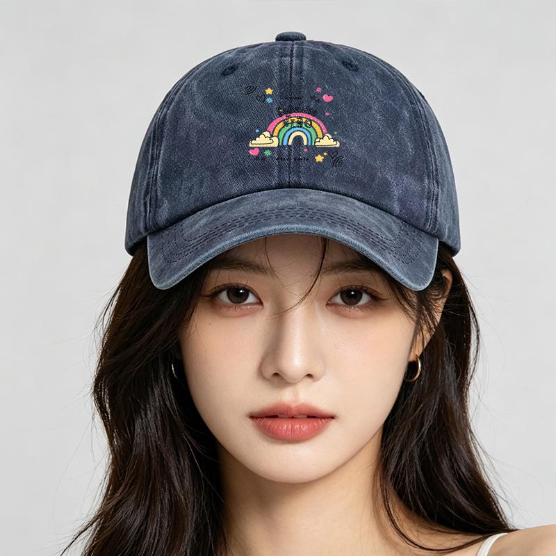 Men's Printed Washed Cap with Rainbow and 