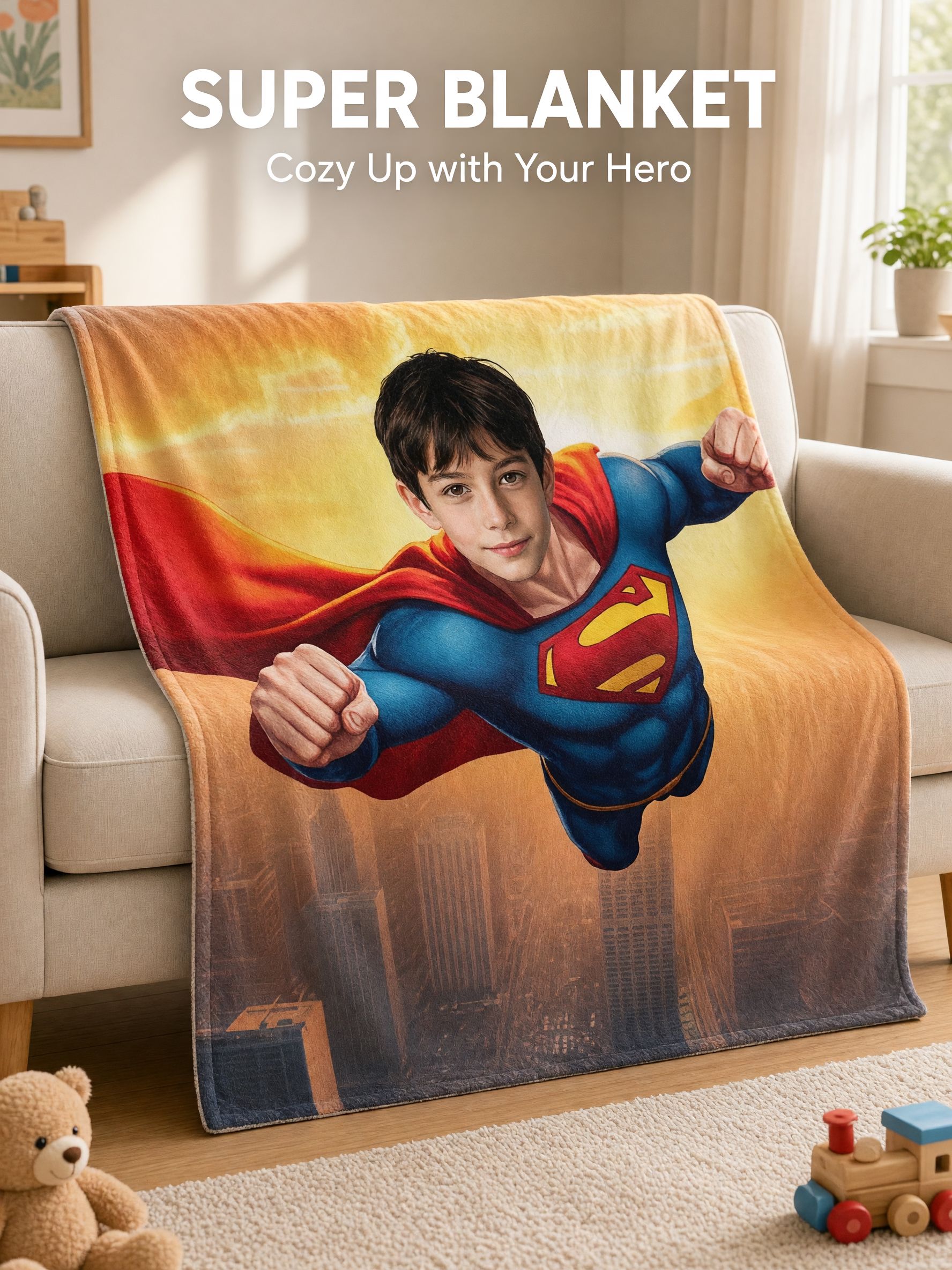 Custom Superhero Photo Face Fleece Blanket Personalized Soft Flannel Throw for Kids Adults Cozy Home Birthday Gift