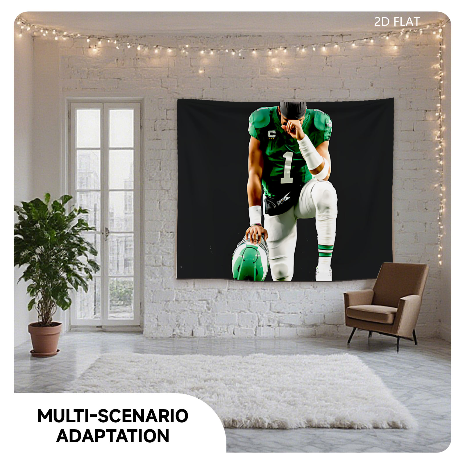 Quarterback in Green Jersey with Number 1, Holding Helmet, Kneeling Pose - Tapestry