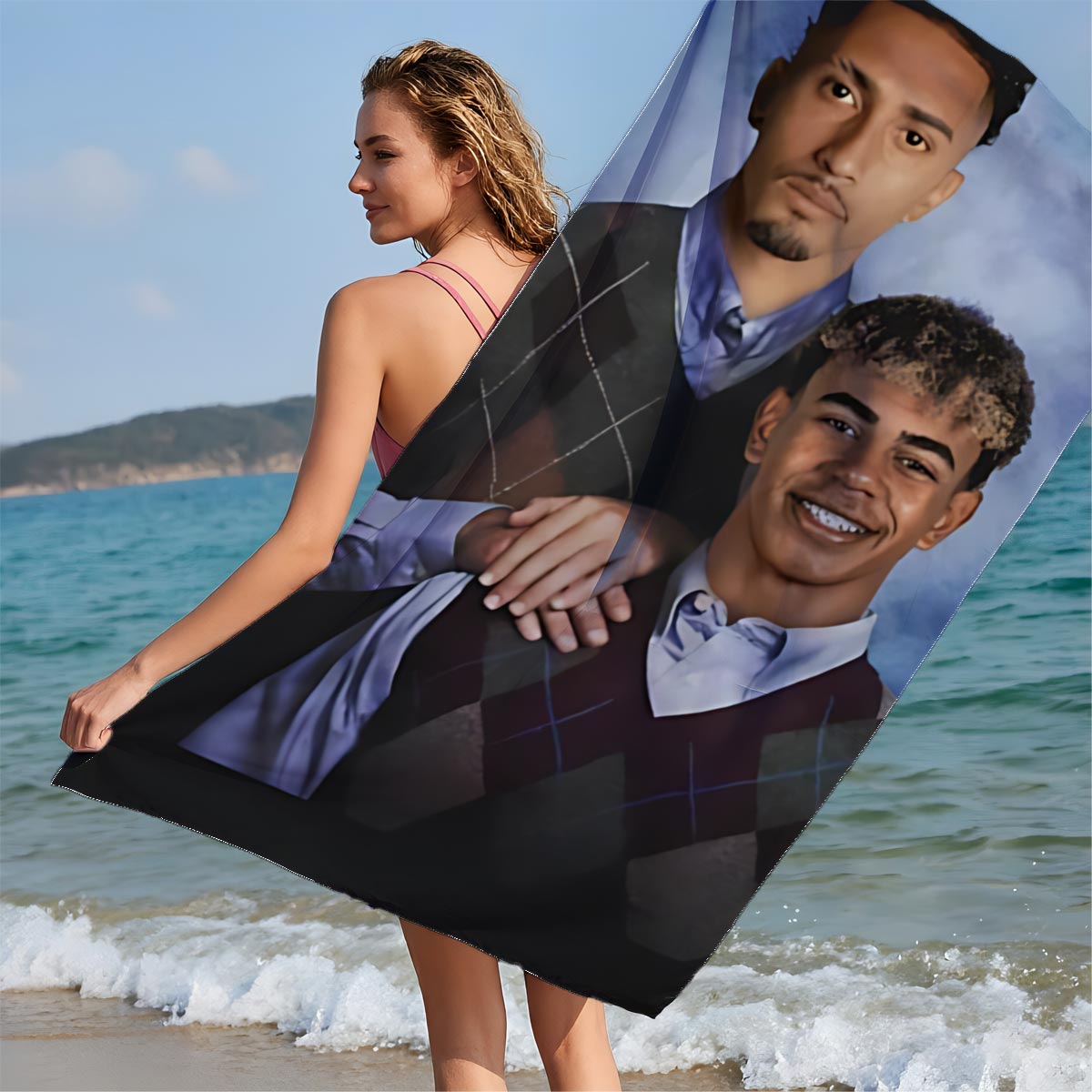 Two Men in Argyle Vests, One Smiling, One Serious, Blue Background - Beach towels