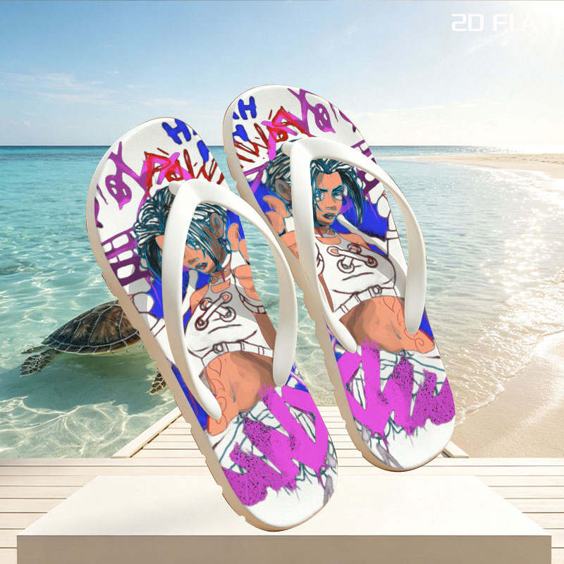 Gloomy Girl with Gun and Graffiti Background -  flip-flops