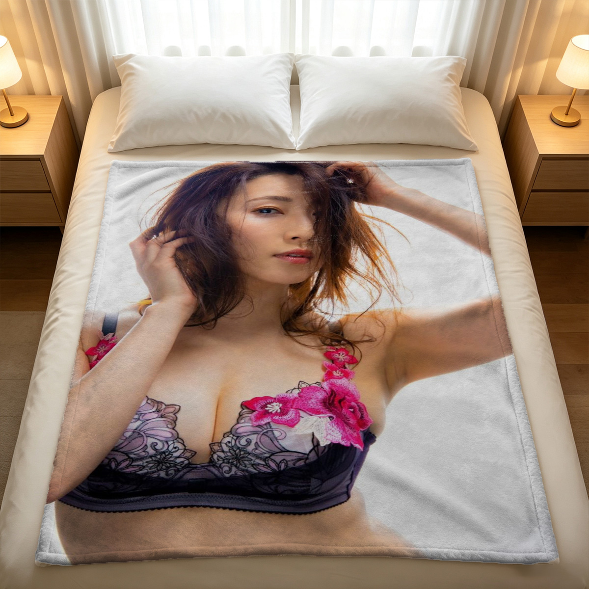 A young Asian woman in sheer white lingerie and heart-shaped pasties, posing barefoot on a luxury hotel bed. - Blanket