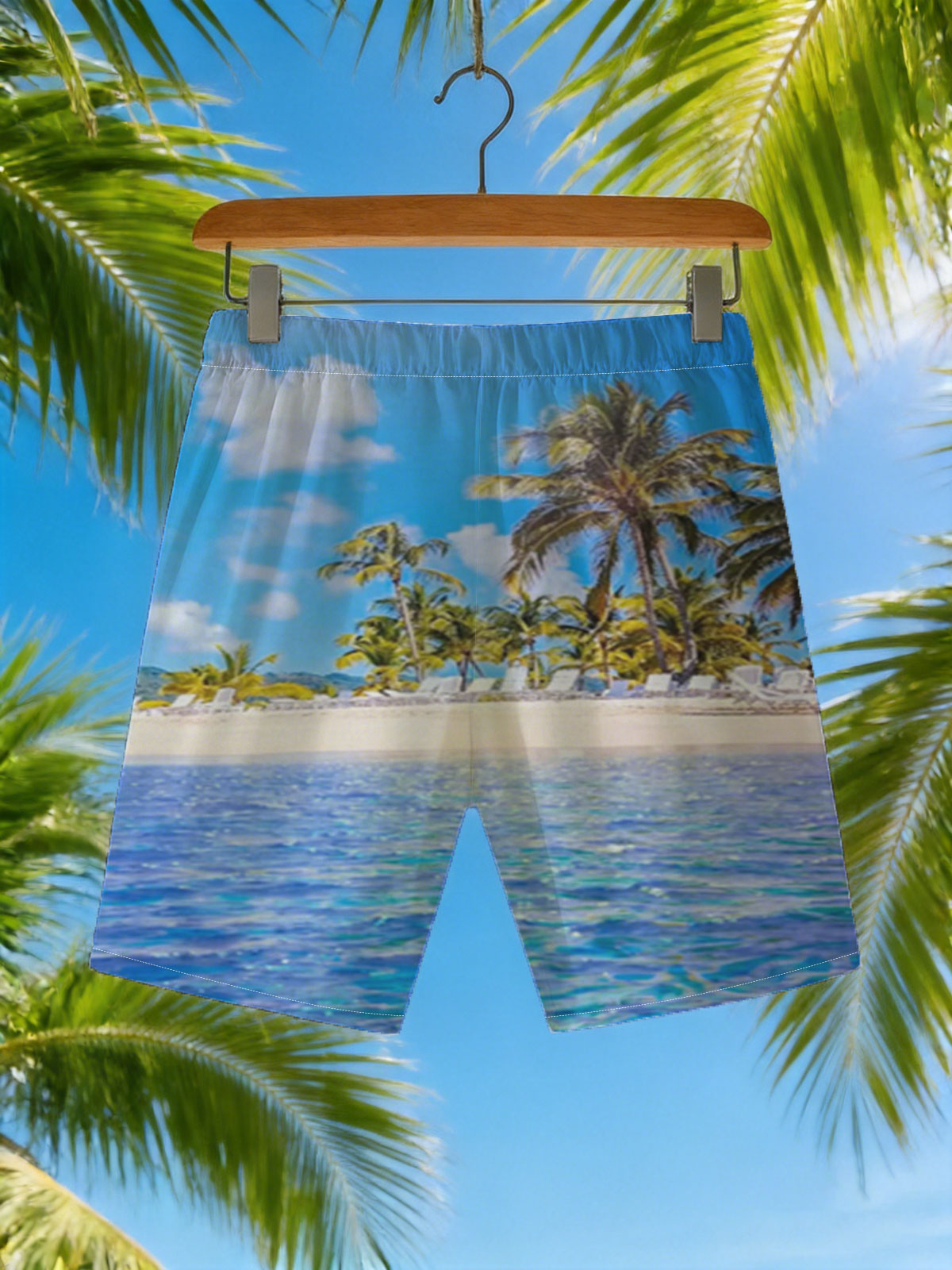 Sunny beach with palm trees and clear blue water -  Beach shorts