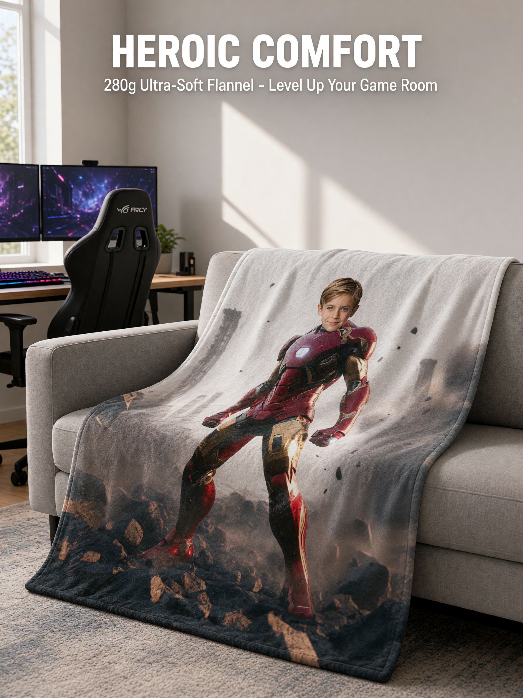 Custom Face Superhero Flannel Blanket, Personalized Photo Armored Hero Plush Throw for Bed Couch, Cozy Unique Gift