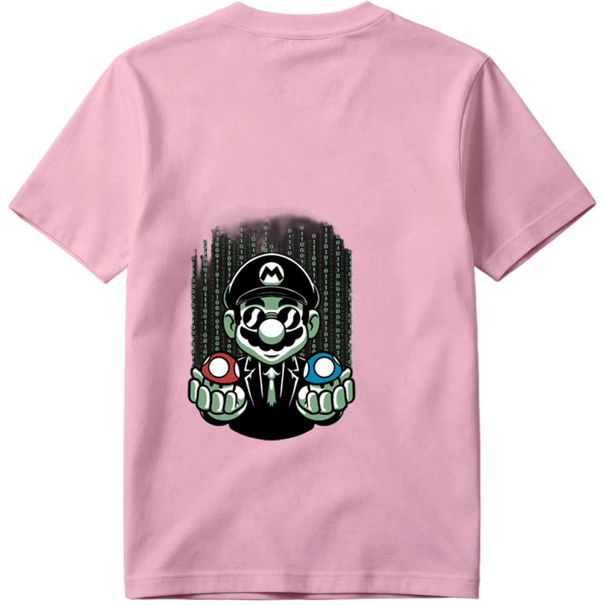 Mario in Matrix Code with Red and Blue Mushrooms - Tee