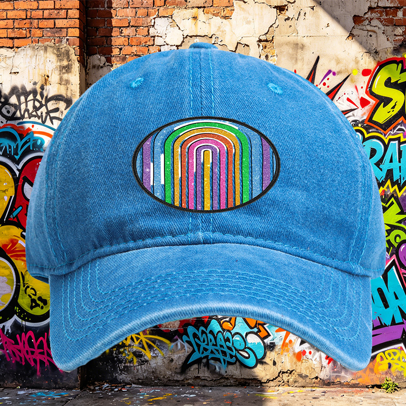 Unisex Classic Washed Cap with Glitter Rainbow Arc Patch Design – Perfect for Casual Outings, Music Festivals, and Everyday Wear – Ideal for Young Adults and Trend-Loving Individuals