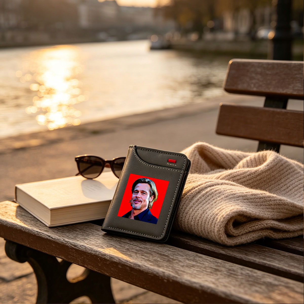 Brad Pitt in a stylized portrait with vibrant red background - Vertical Style Wallet