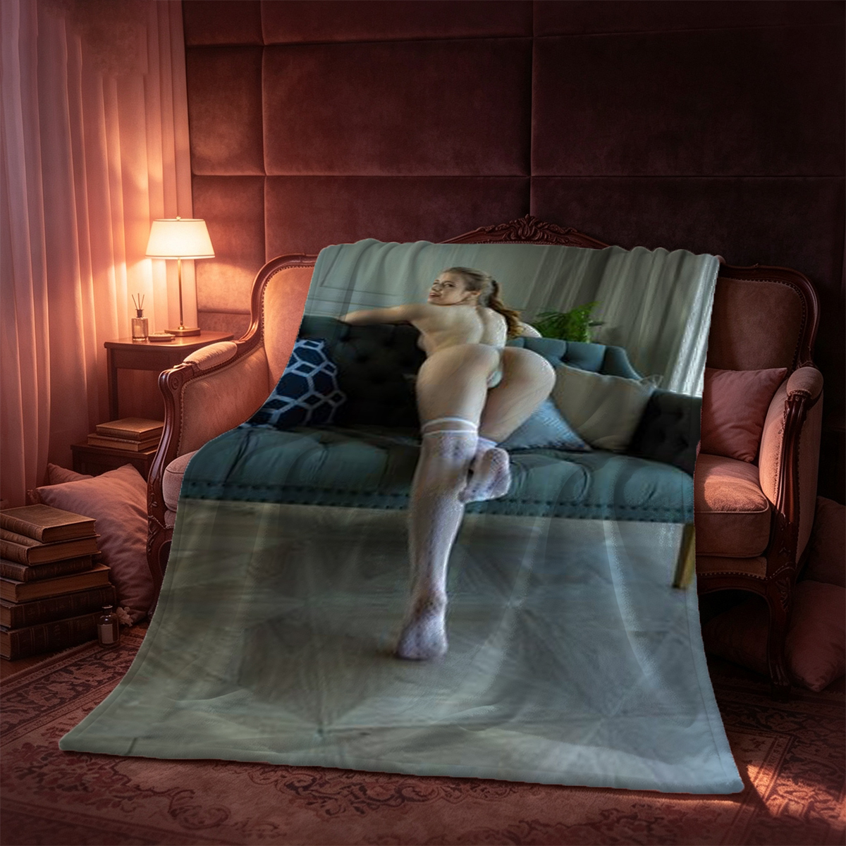 A woman in a white shirt and thong posing in a kitchen. - Blanket