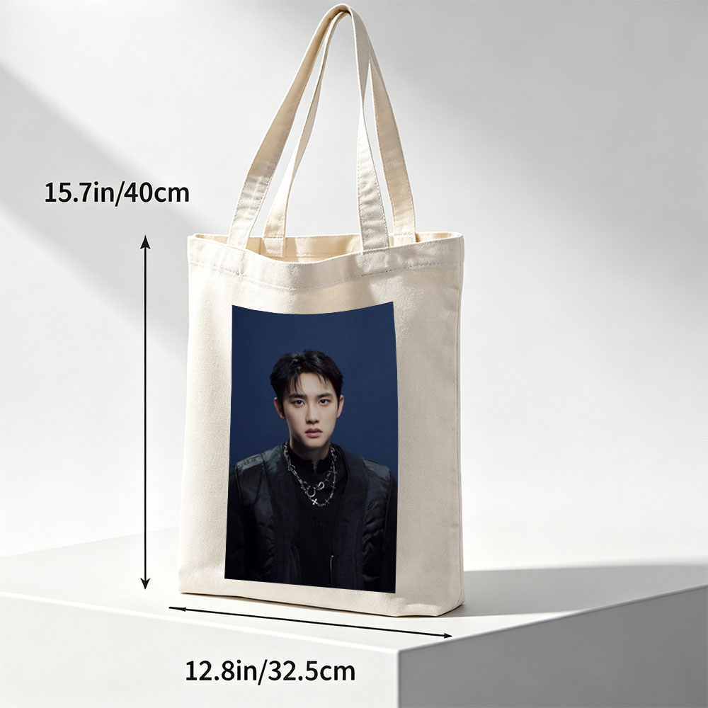 Do Kyung Soo in a Stylish Black Outfit with Layered Necklaces Against a Dark Blue Background - Canvas tote bags