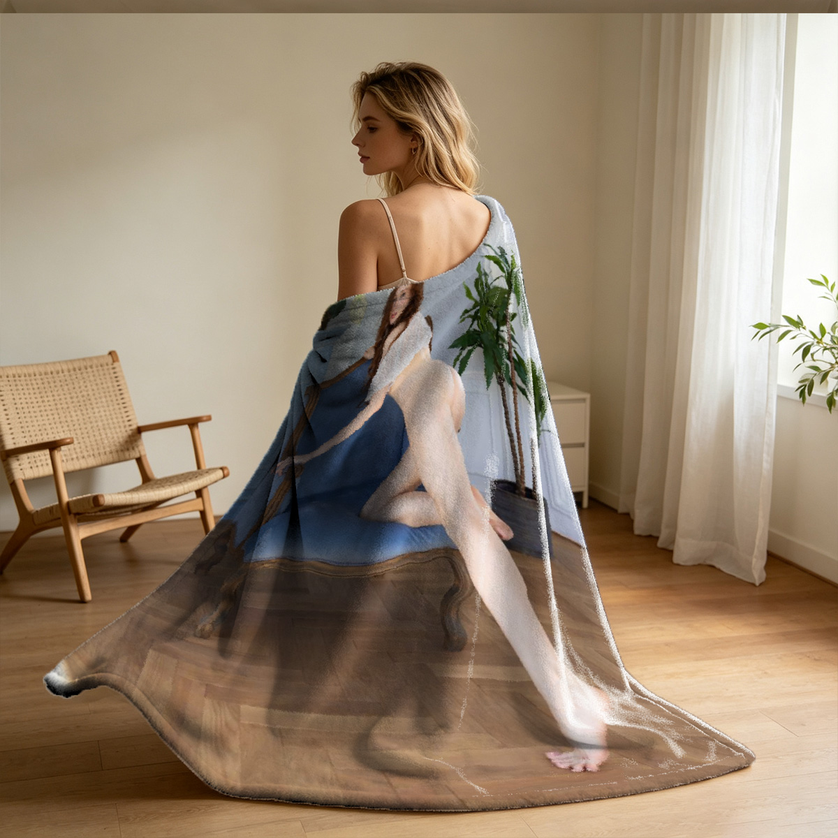 Elegant Woman in White Silk Dress Holding Fan Amid Lotus Pond - Blanket