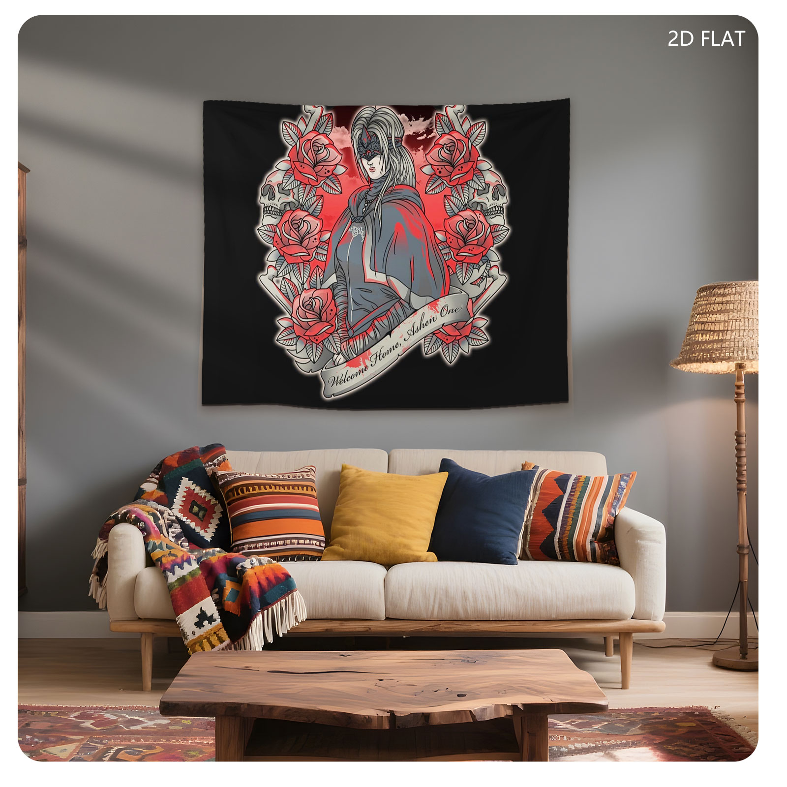Welcome Home, Ashen One: A Mysterious Figure in a Red and Gray Cloak Surrounded by Roses and Skulls - Tapestry