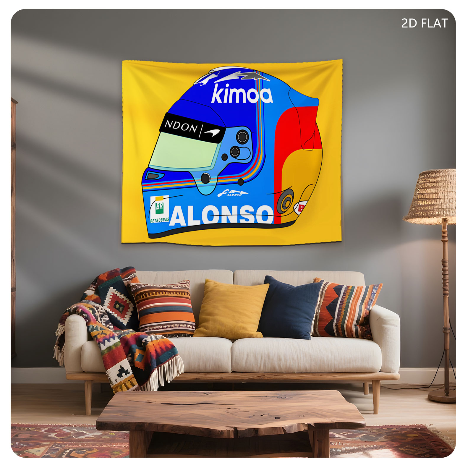 Fernando Alonso Racing Helmet Design Featuring Kimoa and Petrobras Logos - Tapestry