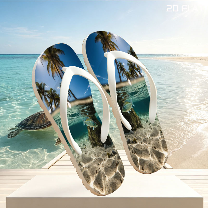 Tropical paradise with palm trees and a fish swimming underwater -  flip-flops