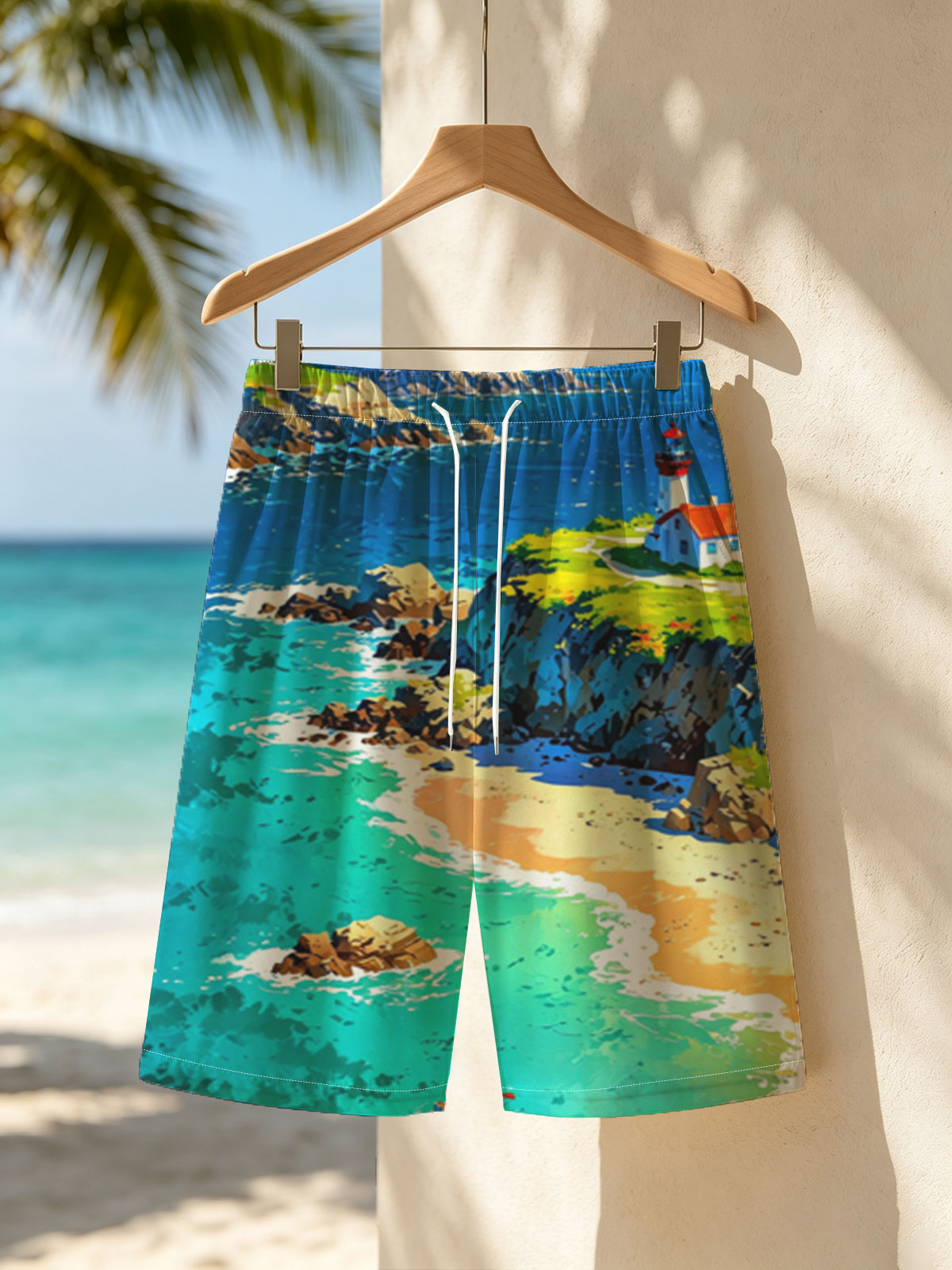Coastal Lighthouse and Turquoise Bay with Boats -  Beach shorts