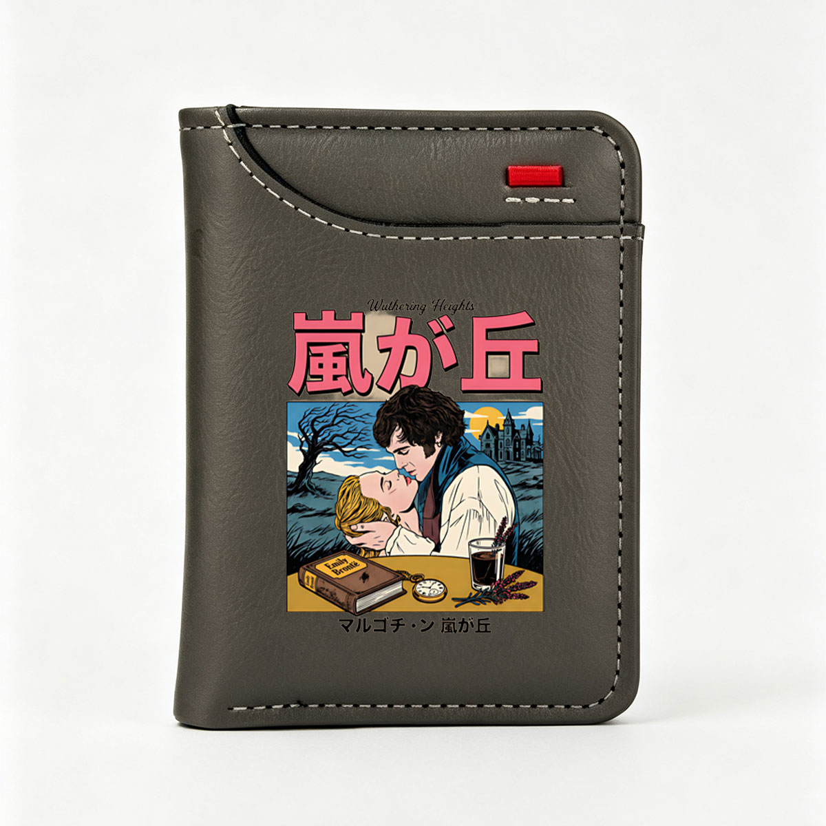 Wuthering Heights: Heathcliff and Catherine in Romantic Embrace, Emily Bront? Novel, Gothic Castle Background, Vintage Book and Watch on Table - Vertical Style Wallet
