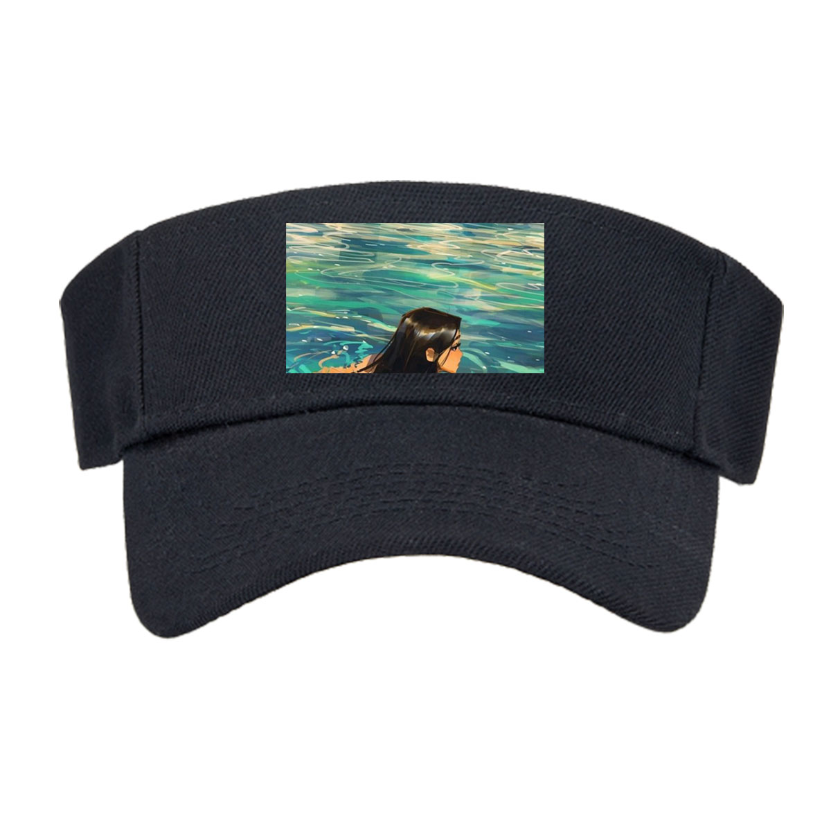 Woman swimming in clear blue water near rocky shore -  Visor cap